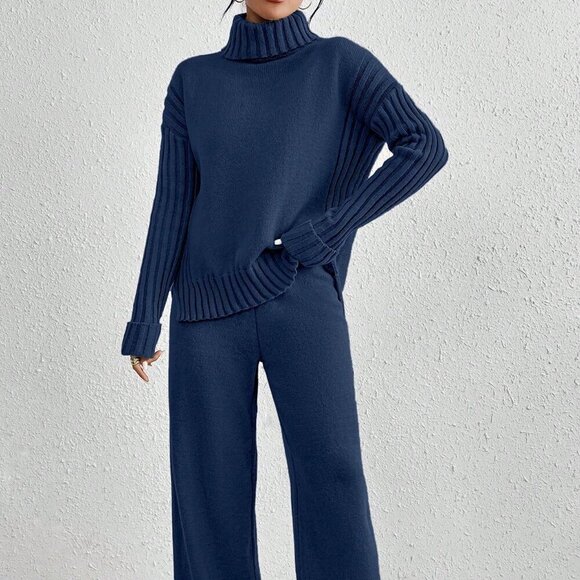 Royal Blue Casual Women's High Neck Drop Shoulder Sweater And Pants - Picture 3 of 5